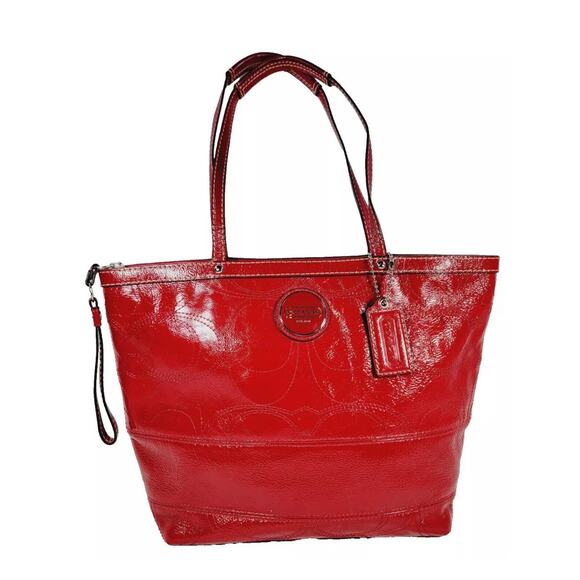 COACH Signature Stitch Red Patent Leather Shoulder Bag F15142, EUC - Picture 1 of 15